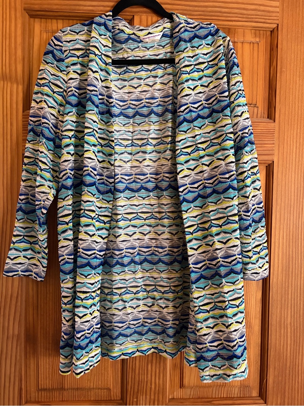 Open-Front Patterned Cardigan in Blue, Teal & White
